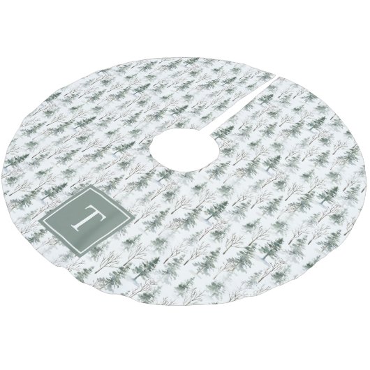 冬の森の松の木の模様モノグラム ブラッシュドポリエステルツリースカート (アングル)