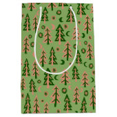 冬の森の松の木月の星模様の緑 ミディアムペーパーバッグ (正面)