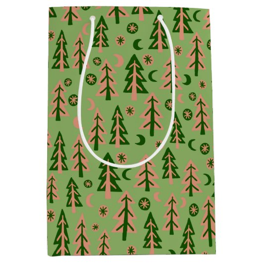冬の森の松の木月の星模様の緑 ミディアムペーパーバッグ (正面)