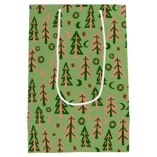 冬の森の松の木月の星模様の緑 ミディアムペーパーバッグ (裏面)