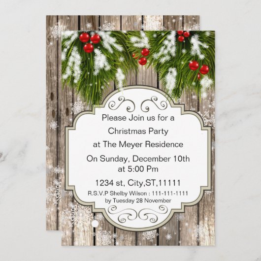 冬の森の松の木 ホリデーパーティーの招待状 招待状 (正面/裏面)