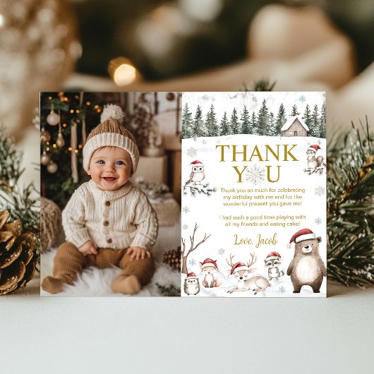 冬の森の森の動物誕生日写真 サンキューカード