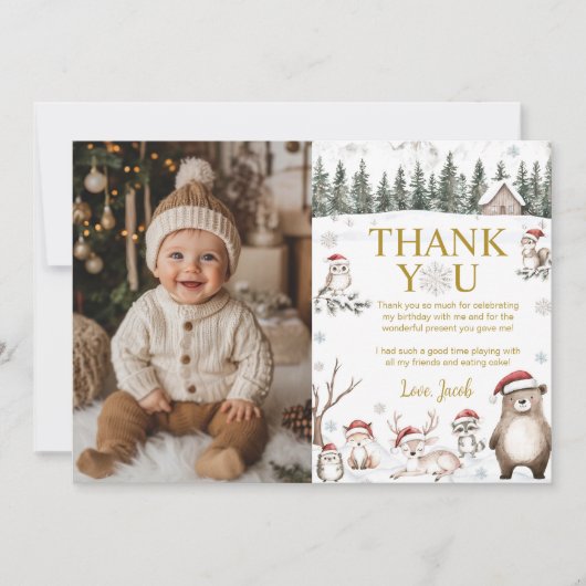 冬の森の森の動物誕生日写真 サンキューカード (正面)