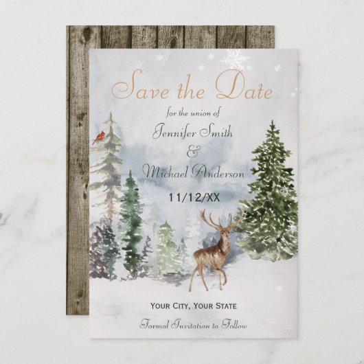 冬の森の森の木の林の日付を保存 セーブザデート (正面/裏面)