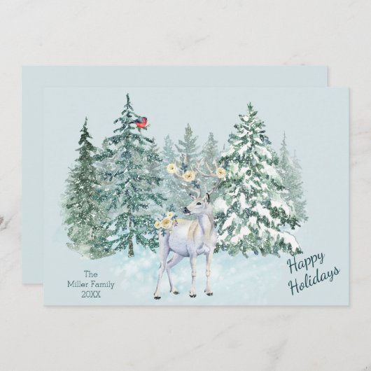 冬の森の森の鹿のクリスマス シーズンカード (正面/裏面)