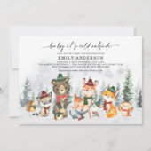 冬の森の森林の動物ニュートラルベビーシャワー 招待状 (正面)