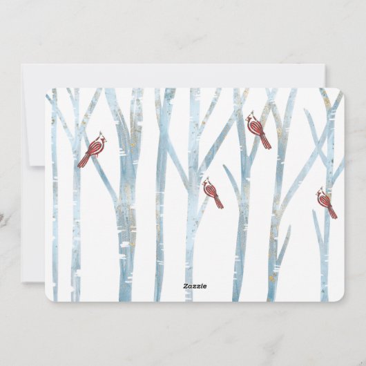 冬の森の樺の木の木と赤い(鳥)ショウジョウコウカンチョウ写真 シーズンカード (裏面)