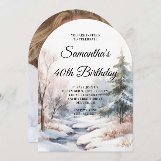 冬の森の水の色の写真40th誕生日 招待状 (正面/裏面)