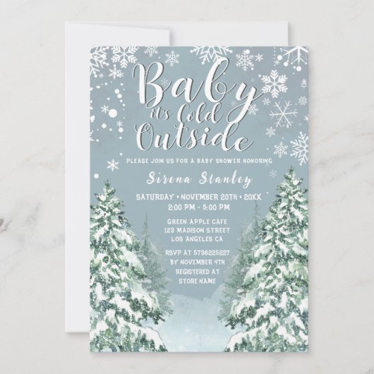 冬の森の水の色グレーの赤ちゃんシャワーinvitat 招待状 (正面)