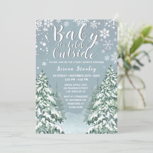 冬の森の水の色グレーの赤ちゃんシャワーinvitat 招待状 (スタンド正面)