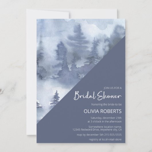冬の森の水の色ネイビーブルーブライダルシャワー 招待状 (正面)