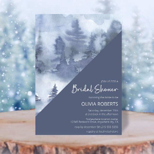 冬の森の水の色ネイビーブルーブライダルシャワー 招待状