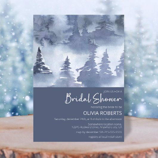 冬の森の水の色ネイビーブルーブライダルシャワー 招待状