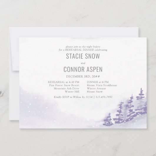 冬の森の水の色結婚のリハーサルディナー 招待状 (正面)