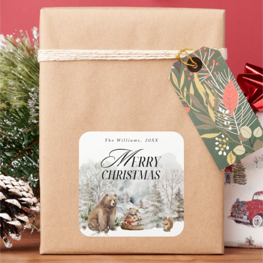 冬の森の水エレガント色メリークリスマス スクエアシール (クリスマス)