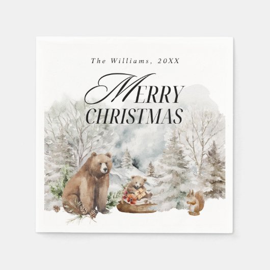 冬の森の水エレガント色メリークリスマス スタンダードカクテルナプキン (正面)