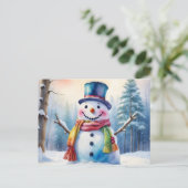 冬の森の水彩クリスマス雪だるま シーズンポストカード (スタンド正面)