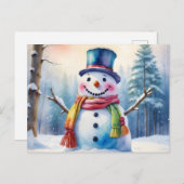 冬の森の水彩クリスマス雪だるま シーズンポストカード (正面/裏面)