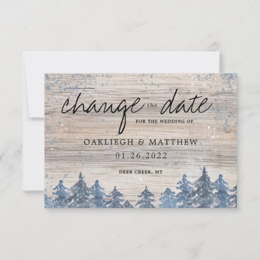 冬の森の水彩画 結婚式招待状の日程を変更する セーブザデート (正面)