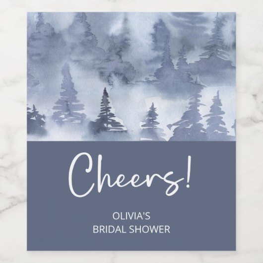 冬の森の水彩 ネイビーブルーの結婚前お茶会 ワインラベル (シングルラベル)