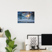 冬の森の湖の夕日 ポスター (ホームオフィス)