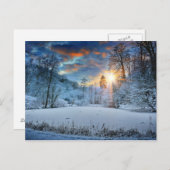 冬の森の湖の夕日 ポストカード (正面/裏面)