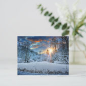 冬の森の湖の夕日 ポストカード (スタンド正面)