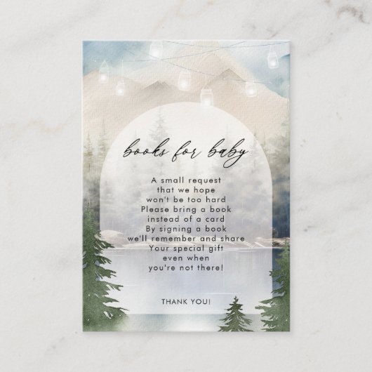 冬の森の湖の本のリクエストベビーカード エンクロージャーカード (正面)