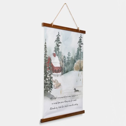 冬の森の湖の水の色とオプションの文言 吊り下げ型タペストリー (傾斜あり)