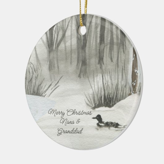 冬の森の湖の水の色の写真パーソナライズされた セラミックオーナメント (左)