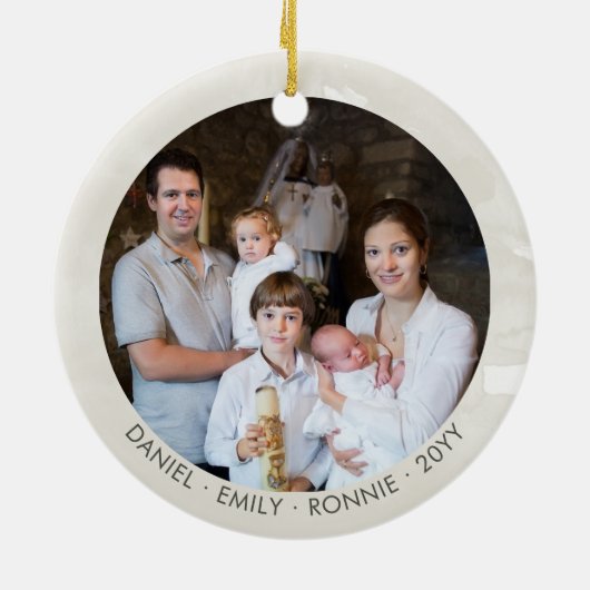 冬の森の湖の水の色の写真パーソナライズされた セラミックオーナメント (裏面)