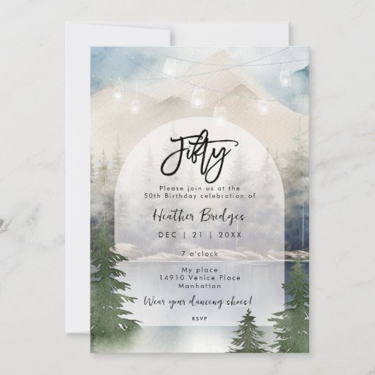 冬の森の湖50th誕生日パーティー 招待状 (正面)