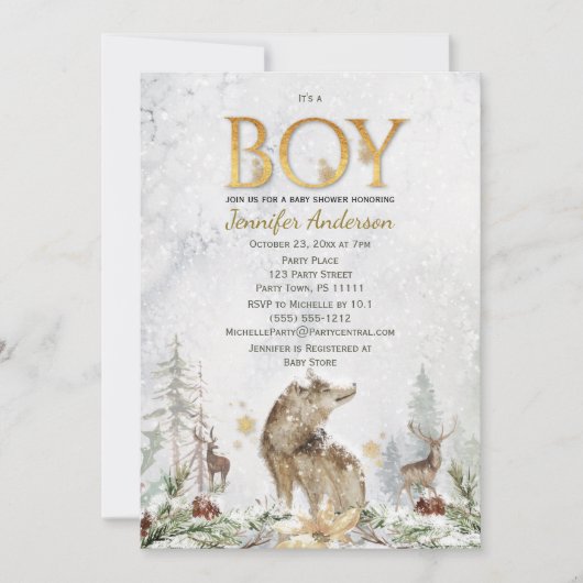 冬の森の男の子カントリー狼の鹿の赤ちゃんシャワー 招待状 (正面)