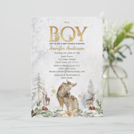 冬の森の男の子カントリー狼の鹿の赤ちゃんシャワー 招待状 (スタンド正面)