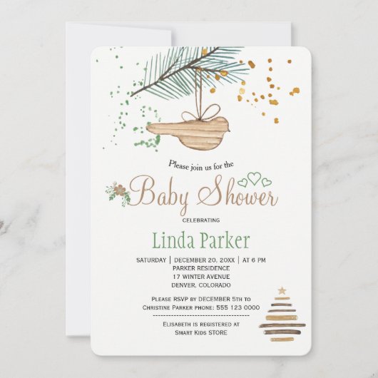 冬の森の白い天然水の色のベビーシャワー 招待状 (正面)