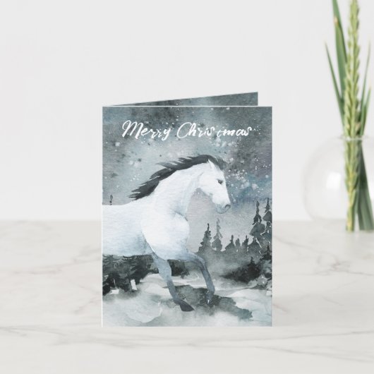 冬の森の白馬メリークリスマス シーズンカード (正面)