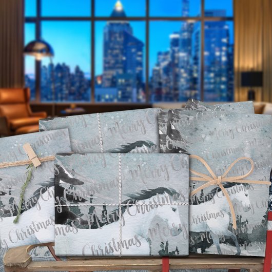 冬の森の白馬メリークリスマス ラッピングペーパーシート