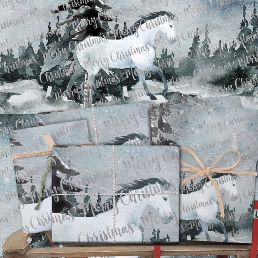 冬の森の白馬メリークリスマス ラッピングペーパーシート