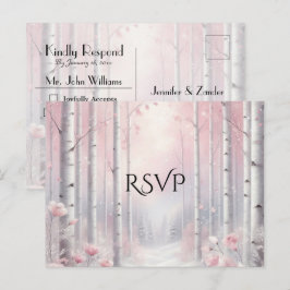 冬の森の結婚式でのフロストされた花びらへのRSVP インビテーションポストカード