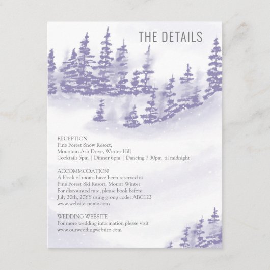 冬の森の結婚詳細ラベンダーウォーター色 エンクロージャーカード (正面)