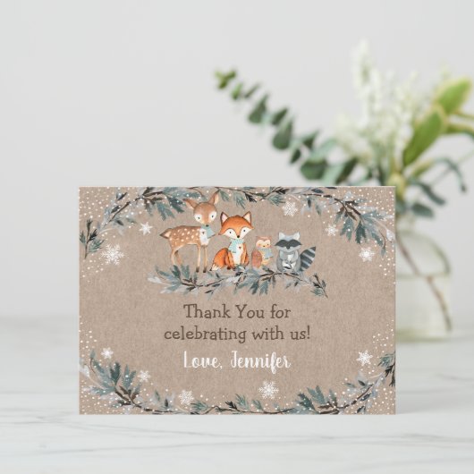 冬の森の緑の赤ちゃんシャワーありがとう サンキューカード (スタンド正面)