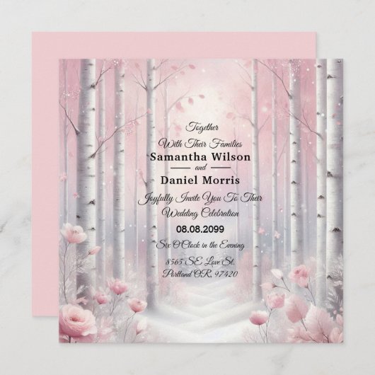 冬の森の花びらの霜が降りた結婚 招待状 (正面/裏面)