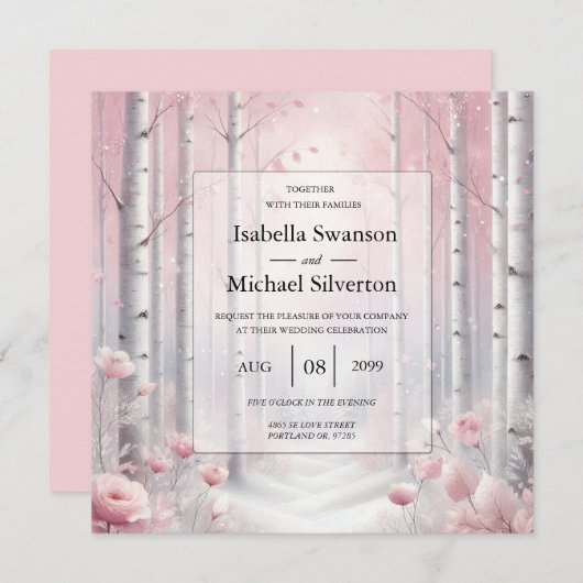 冬の森の花びらの霜が降りた結婚 招待状 (正面/裏面)