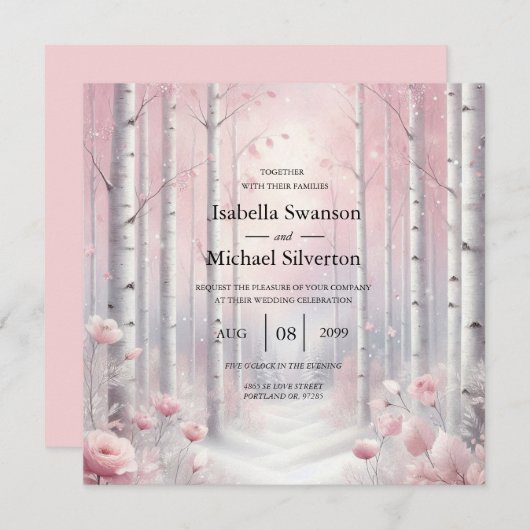 冬の森の花びらの霜が降りた結婚 招待状 (正面/裏面)