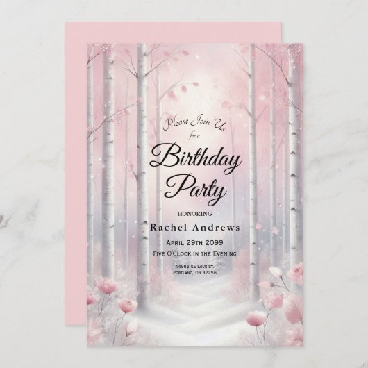 冬の森の花びらパーティーで霜の降りた子供 招待状 (正面/裏面)