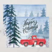 冬の森の赤いトラックの犬 ビジネス ホリデー カード (正面/裏面)