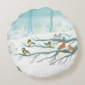 冬の森の赤いロビンズ&ティットバード ラウンドクッション (裏面)