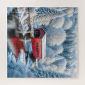 冬の森の赤い屋根付きの橋 ジグソーパズル (横)