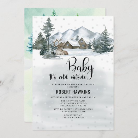 冬の森の赤ちゃんシャワー外は寒い 招待状 (正面/裏面)