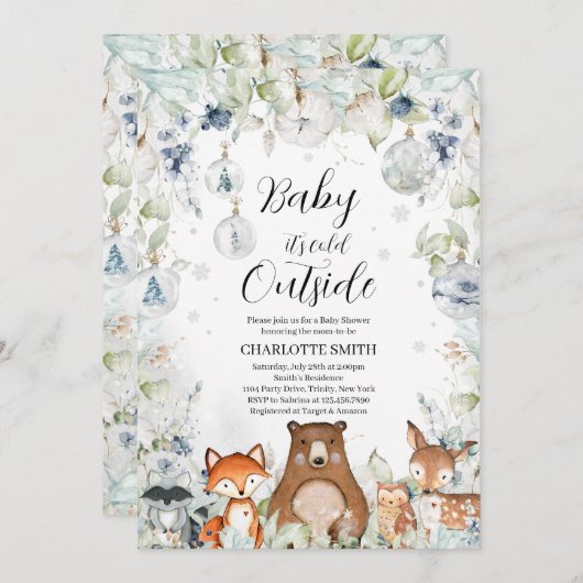 冬の森の赤ちゃんシャワー 招待状 (正面/裏面)